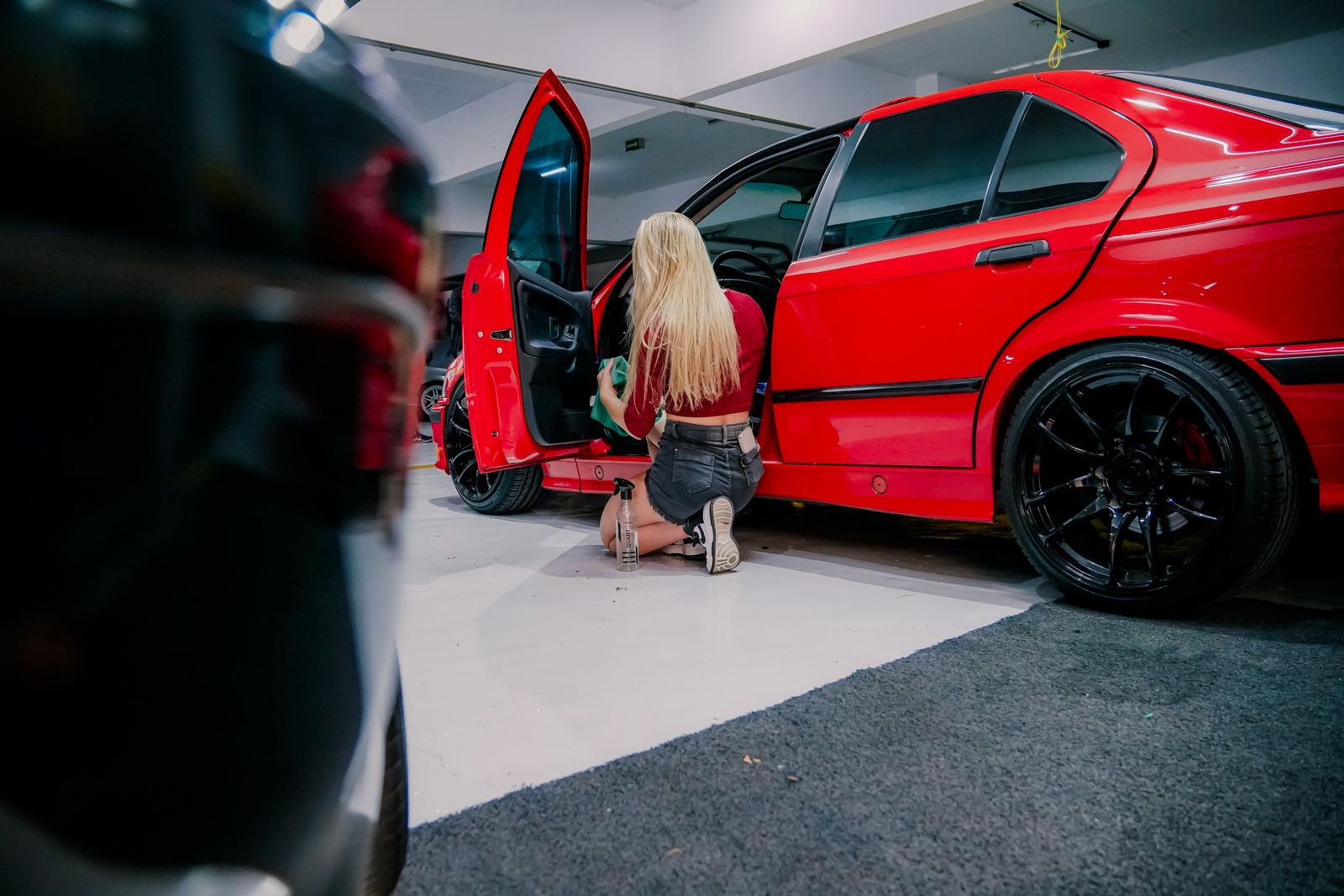 Interior of a car being cleaned